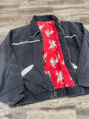 Vintage Kids Black Western Ranch Jacket Horse Print Blanket Lined Prentice Zip